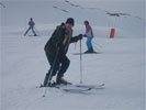 Giles demonstrates his skiing-backwards technique